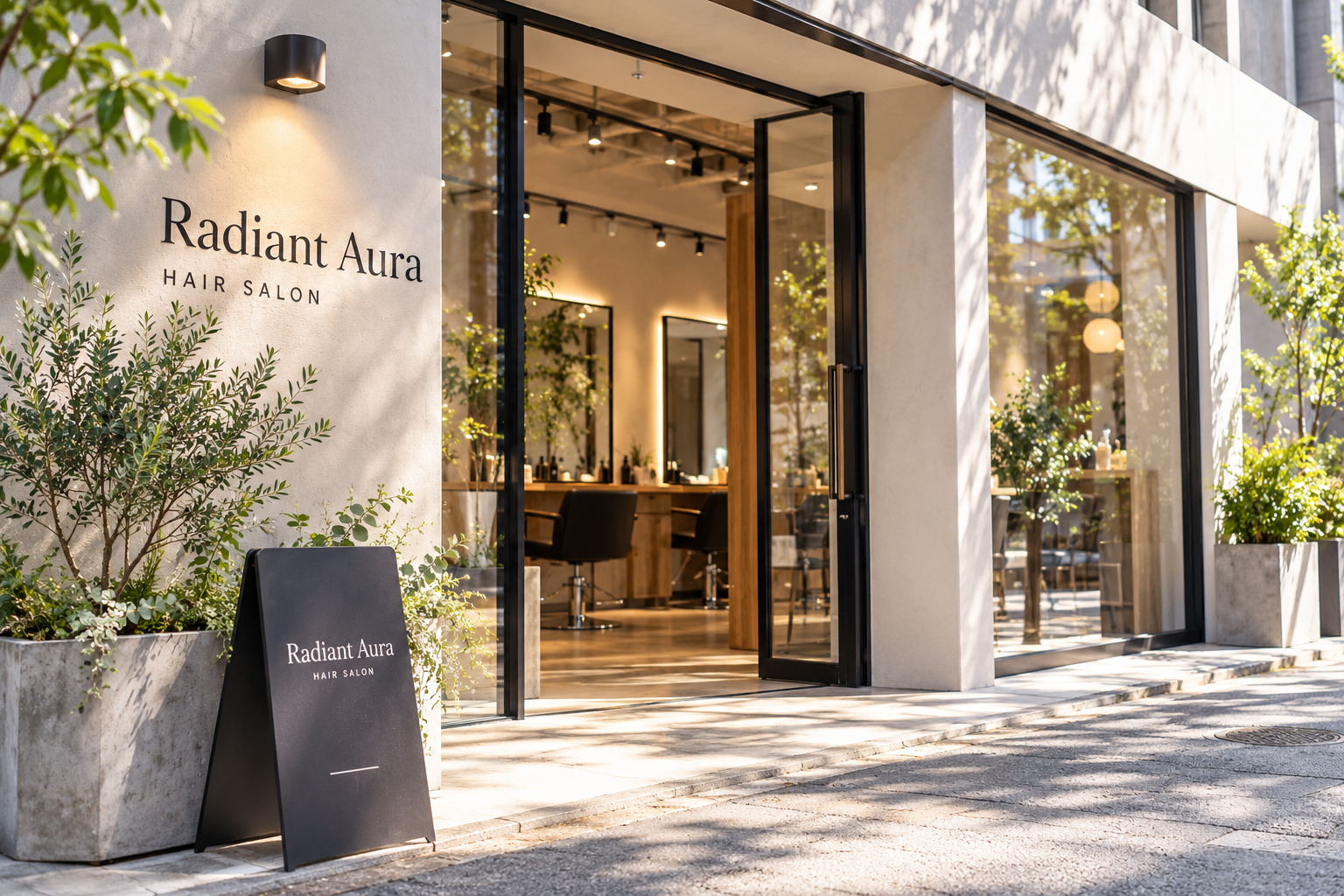 Radiant Auraの店名が記された外壁と、光が差し込むサロンの入口