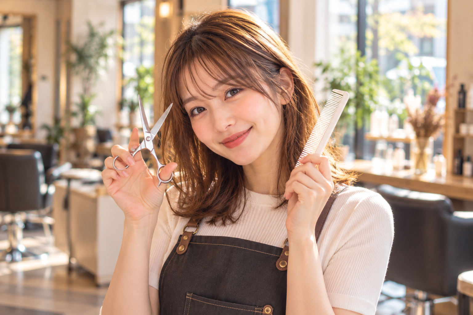 ハサミと櫛を持つスタイリストMIYU